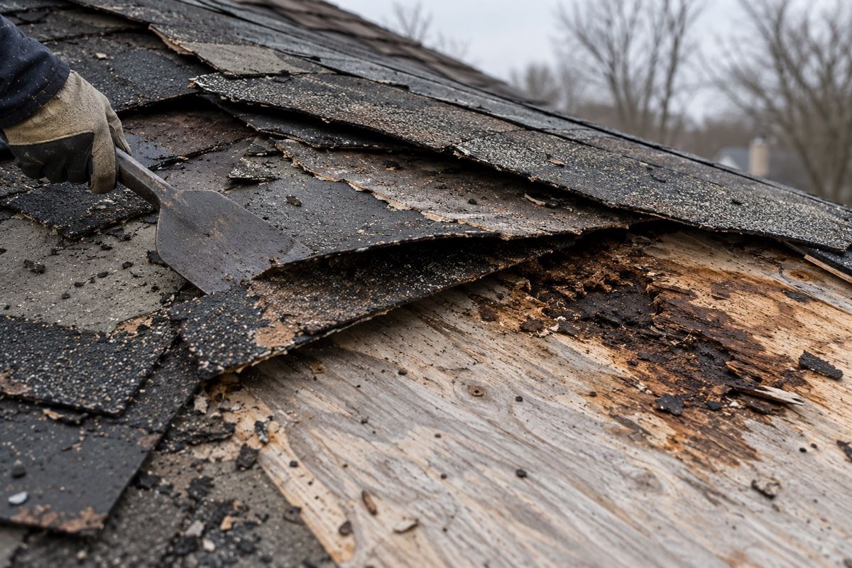 Two layers of old shingles stripped back to reveal damaged roof decking