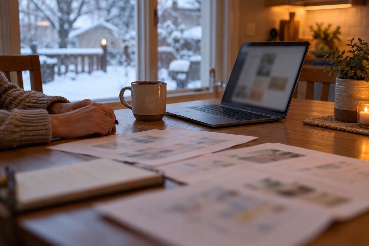 Homeowner's hands beside printed quotes on a kitchen table in winter