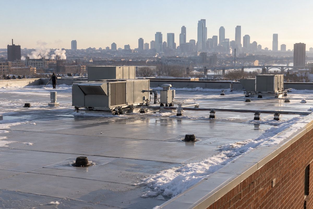 Flat membrane roof of a brick commercial building with rooftop units