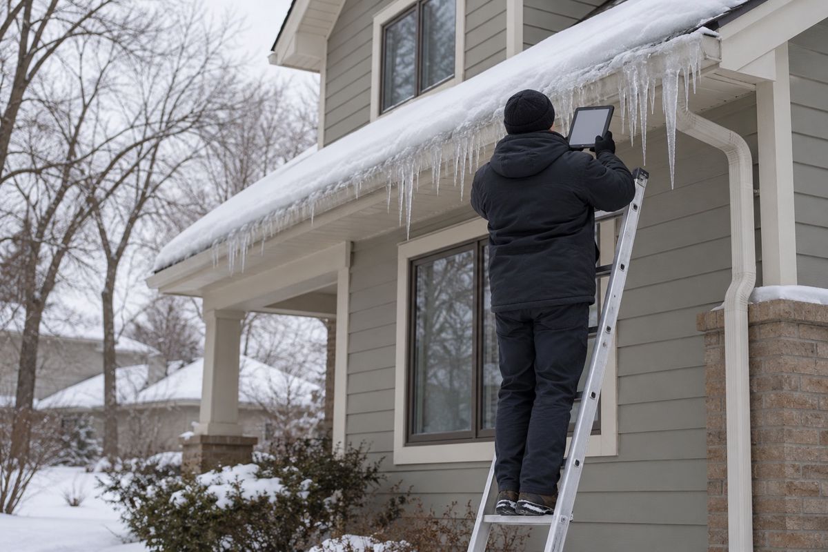 Inspector on a ladder examining the roof edge of a snowy house