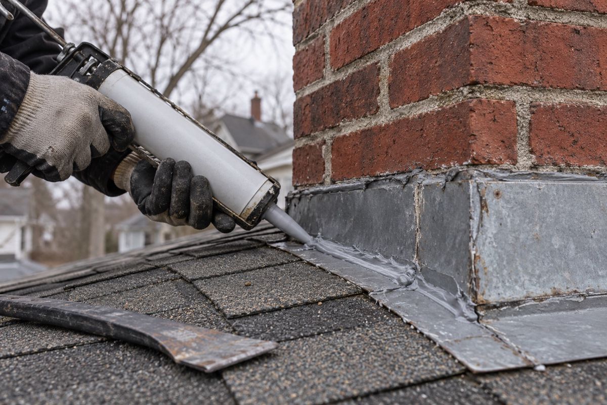 Gloved hands sealing flashing around a brick chimney on a shingle roof