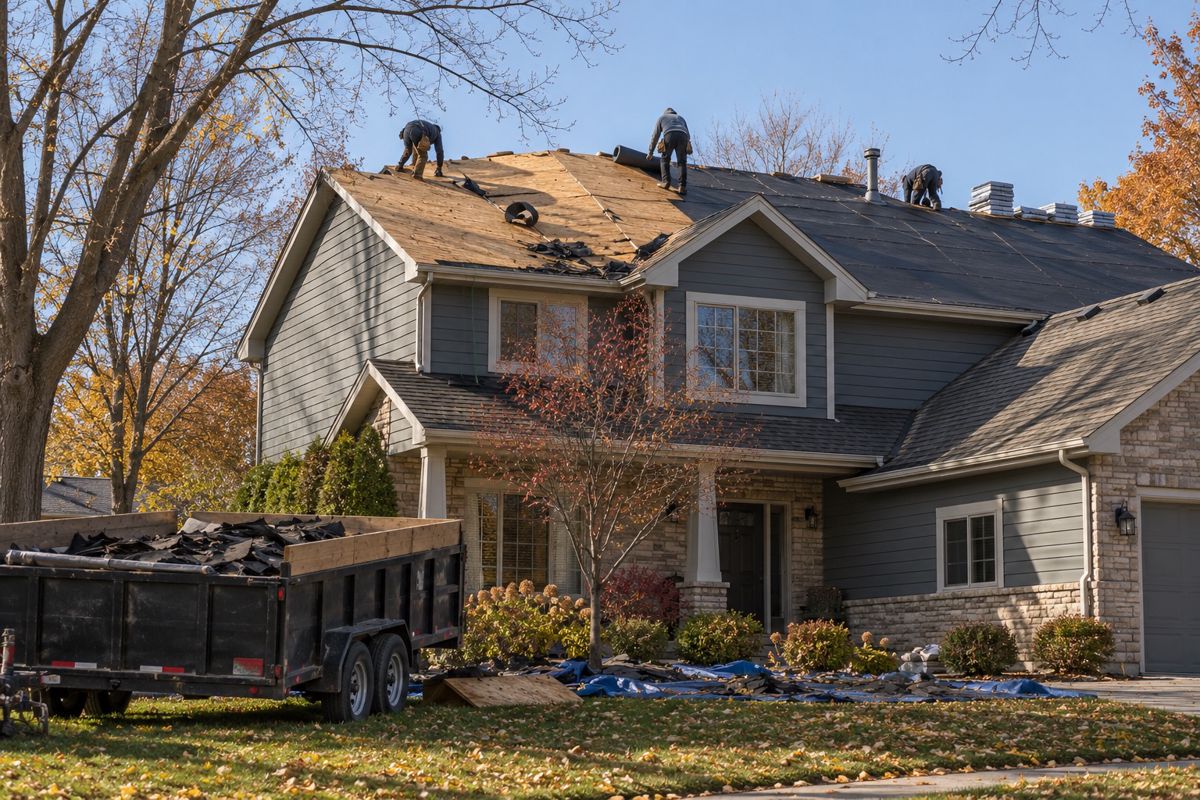 Roof tear-off underway with new underlayment being laid on a suburban house