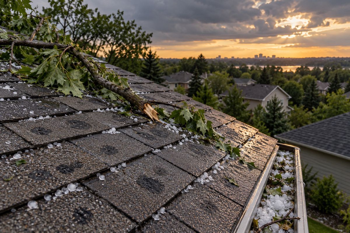 Hail-marked shingle roof with ice pellets and a fallen branch after a storm